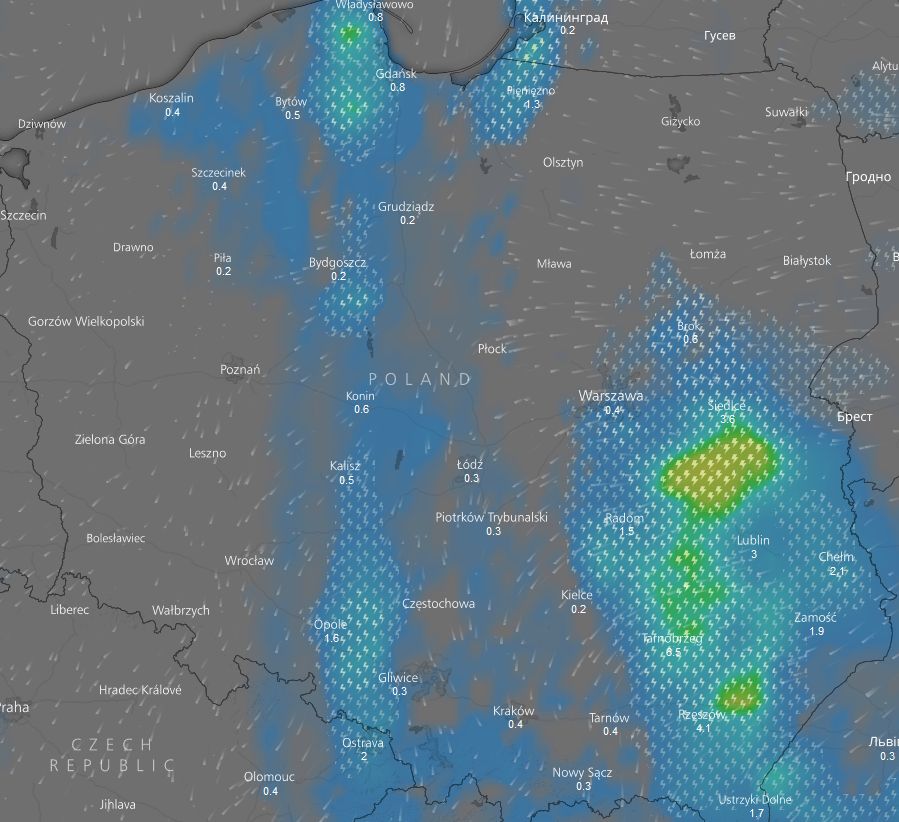 Burzowa mapa - poniedziałek po południu 