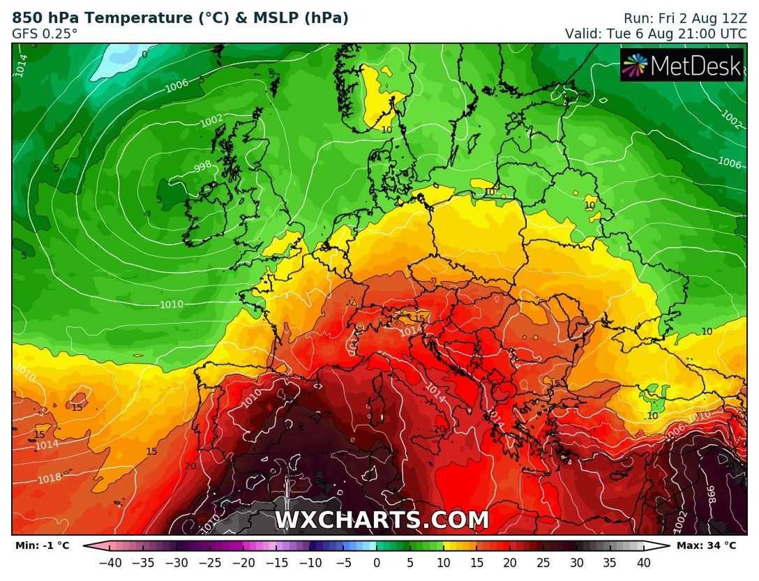 Pogoda. Mapa przedstawia temperaturę na poziomie 1,5 km