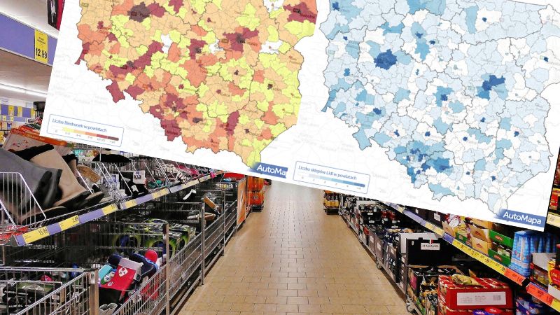 Biedronka (po lewej) rządzi przede wszystkim w dużych miastach - tam zagęszczenie sklepów jest największe