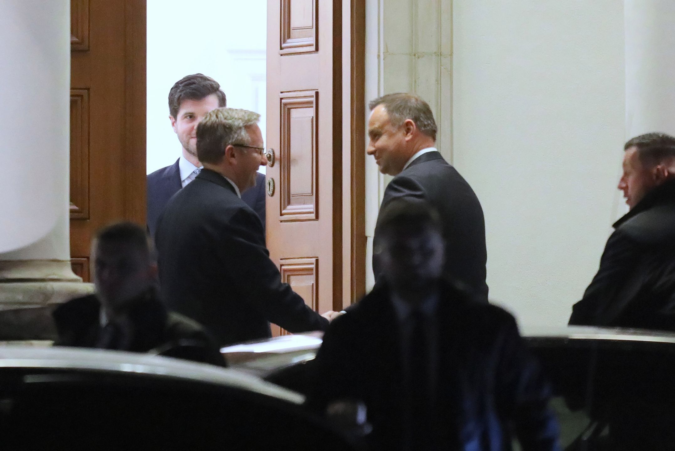 Andrzej Duda i Krzysztof Szczerski przed spotkaniem w Belwederze