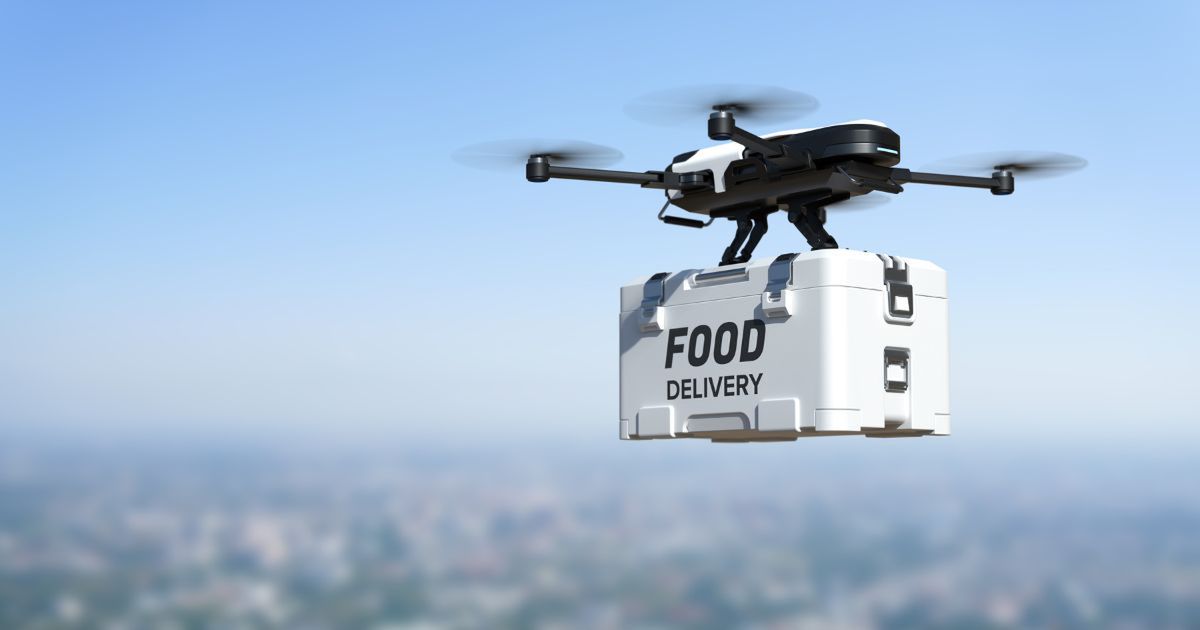 Latający dron z zamówieniem - Pyszności; Foto: Canva.com