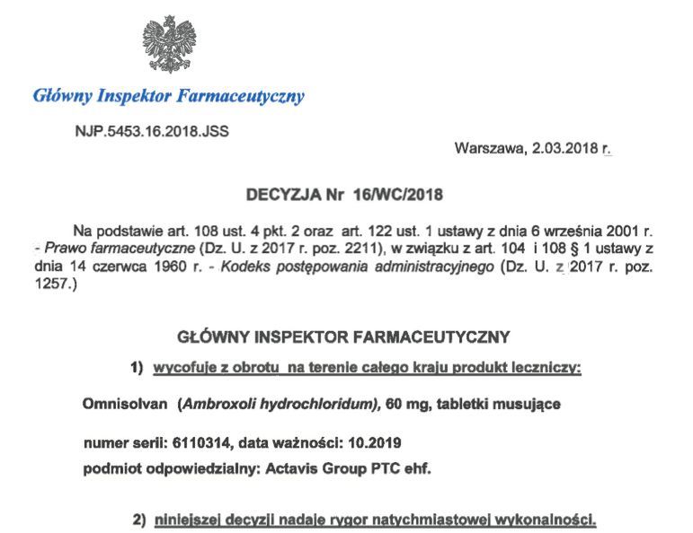 Fragment decyzji GIF o wycofaniu Omnisolvanu z obrotu 
