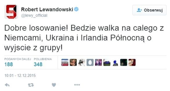 Robert Lewandowski komentuje na twitterze wyniki losowania EURO 2016