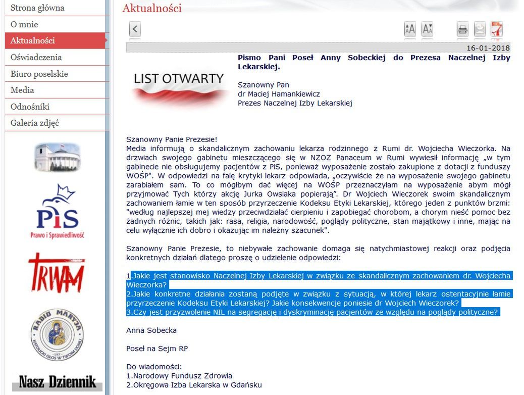 List otwarty Anny Sobeckiej do Macieja Hamankiewicza. 