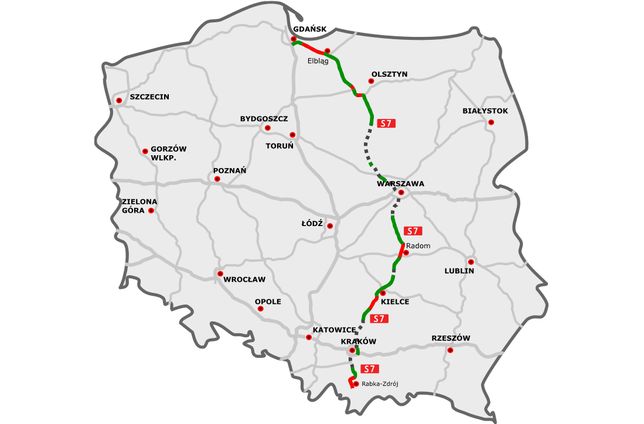 Trasa S7 wchodzi w skład drogi międzynarodowej E77, która ciągnie się od Rosji aż po Węgry