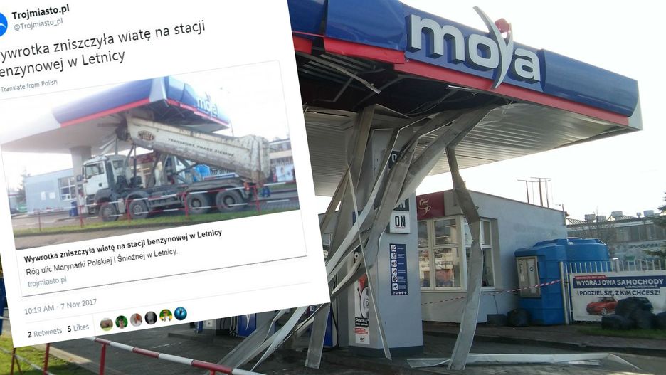 Uszkodzony dach stacji benzynowej w Gdańsku