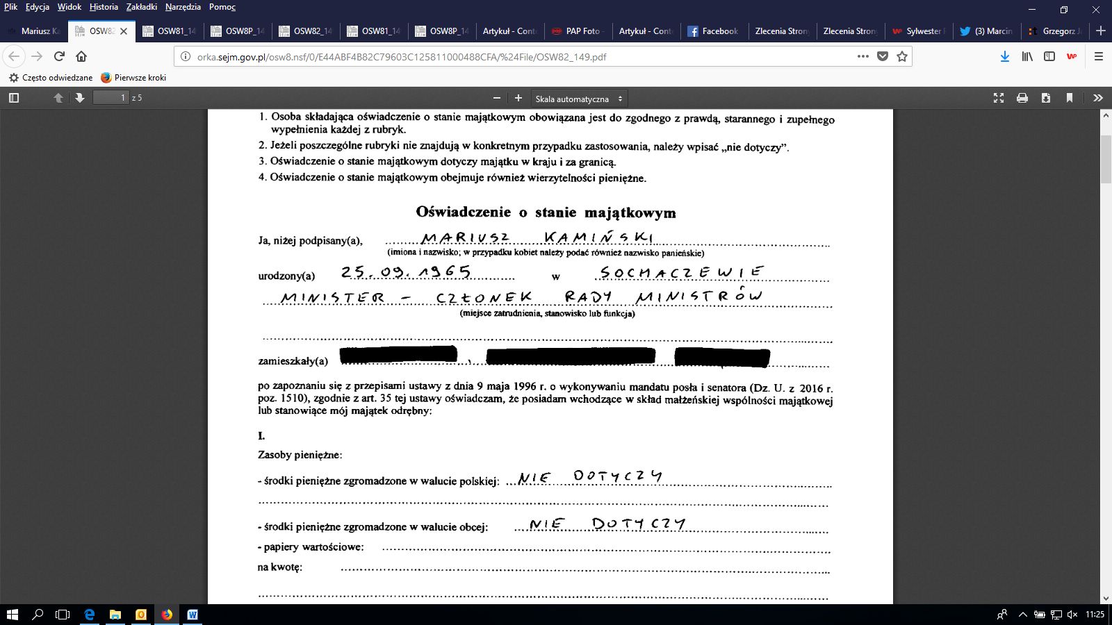 W oświadczeniu majątkowym za 2016 rok nie ma wykazanych oszczęności 