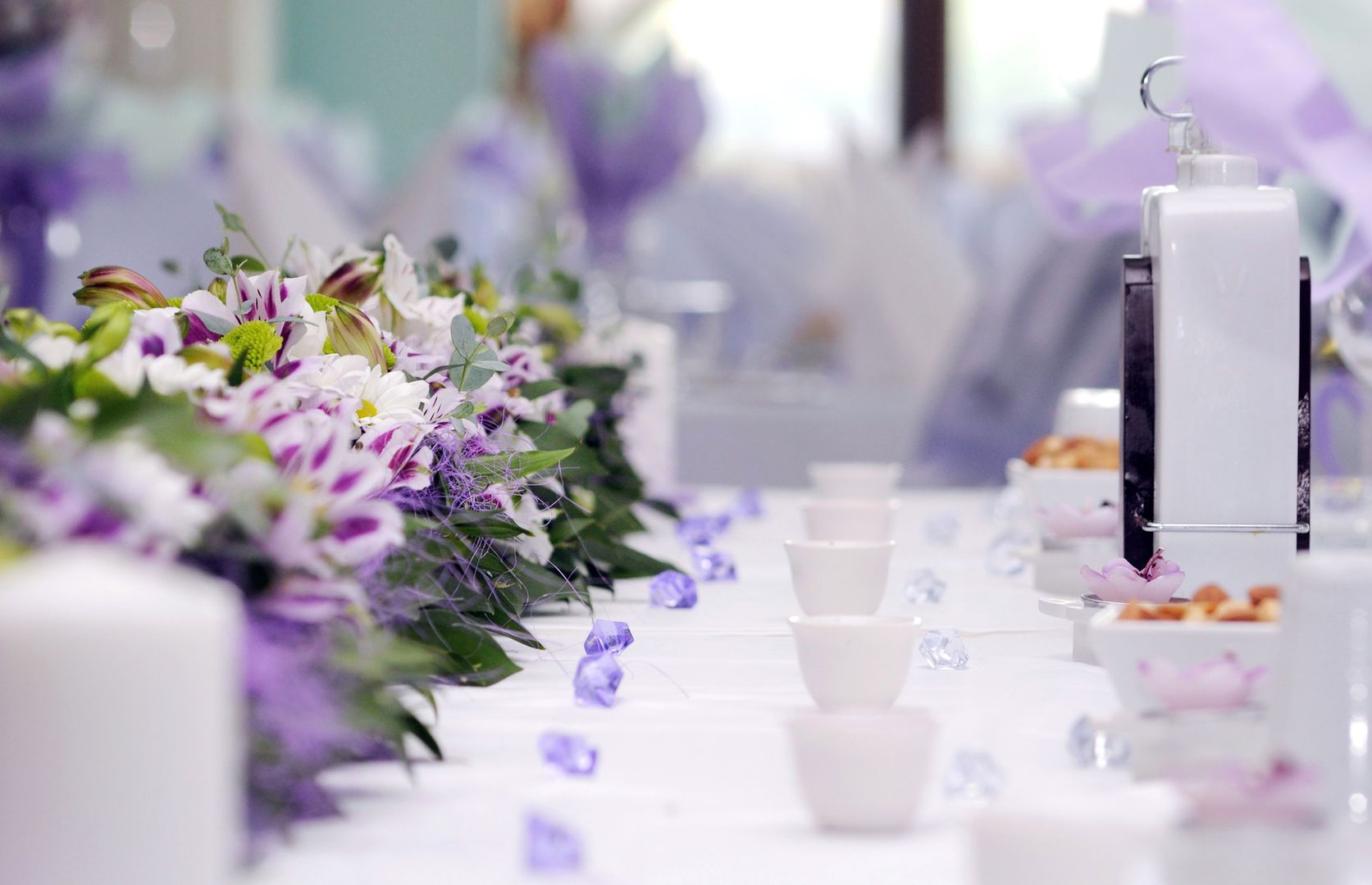 Catering arrangement of wedding table.violet color