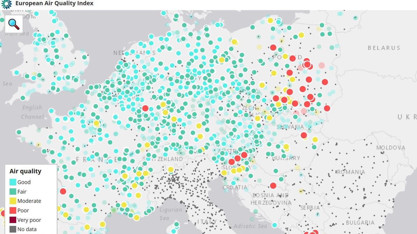 Europejski Indeks Jakości Powietrza w tym samym momencie. 
