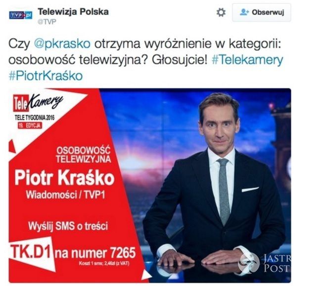 TVP na Twitterze zachęca do głosowania na Piotra Kraśkę w Telekamerach 2016