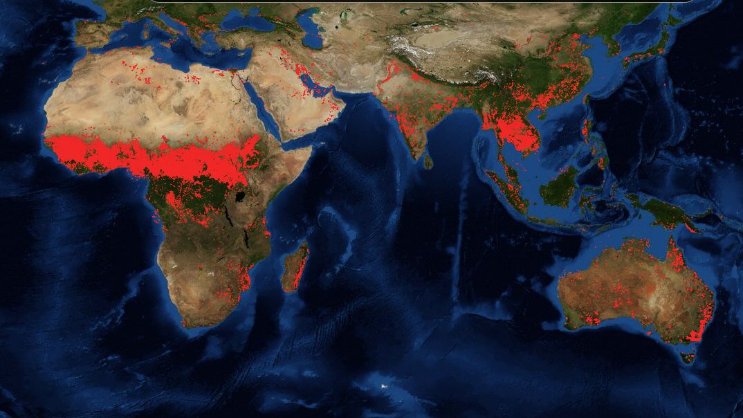 Zdjęcie satelitarne przedstawiające miejsca występowania pożarów