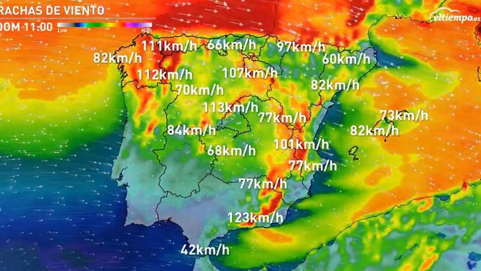Prognoza uwzględniająca podmuchy wiatru w niedzielny poranek nad Półwyspem Iberyjskim.