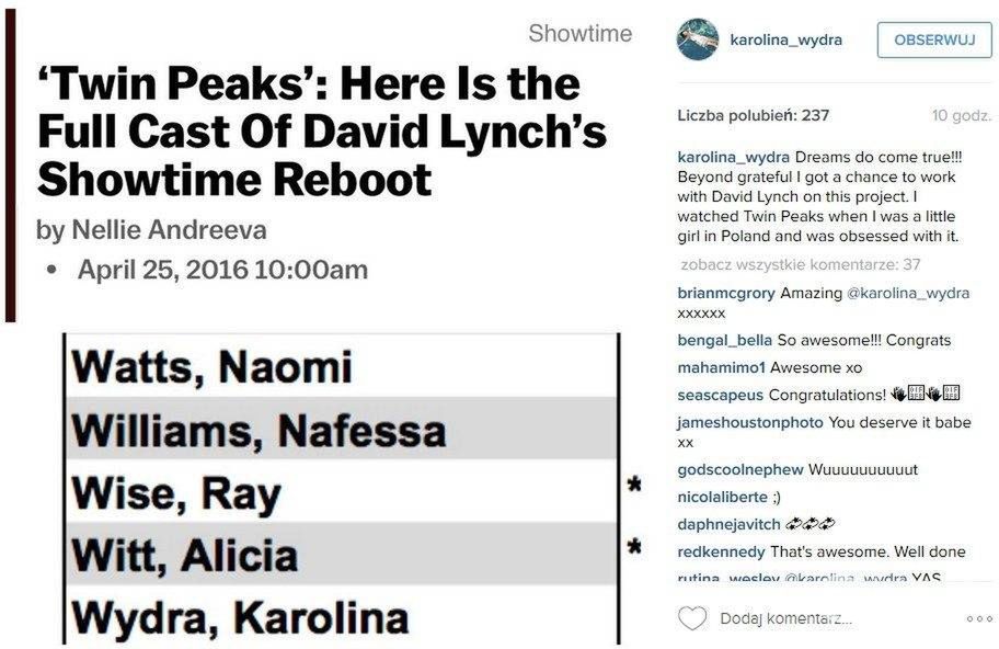 Karolina Wydra w obsadzie nowego "Miasteczka Twin Peaks" (fot. Instagram)