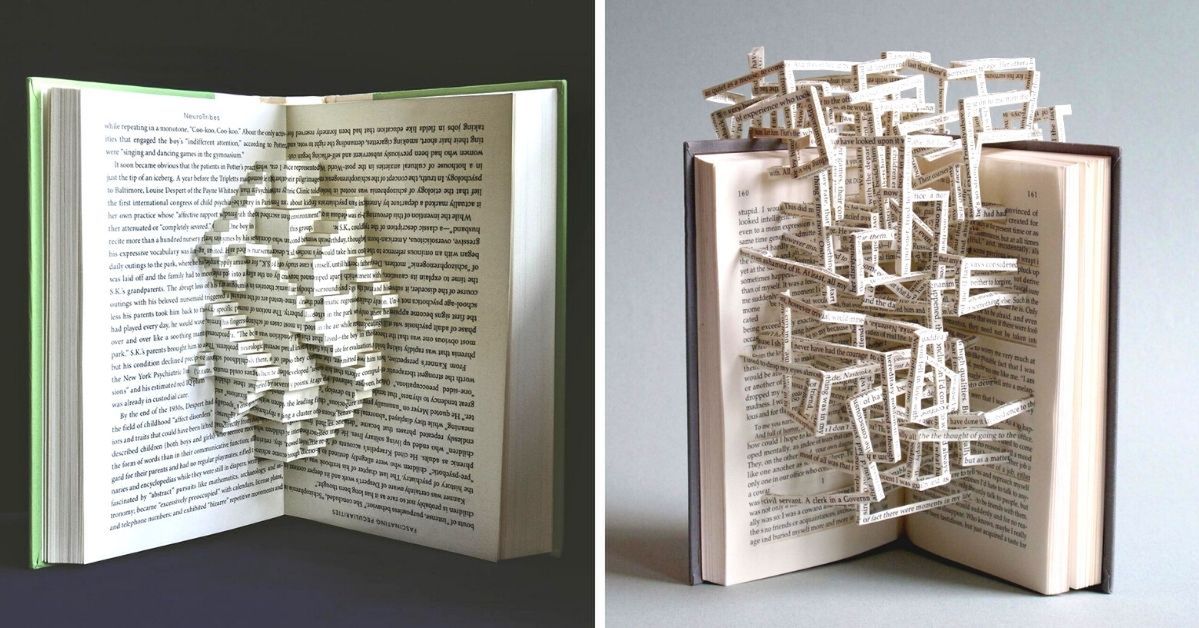 15 książkowych rzeźb, które powstały z połączonych na nowo zdań. Wyglądają jak labirynty i rusztowania