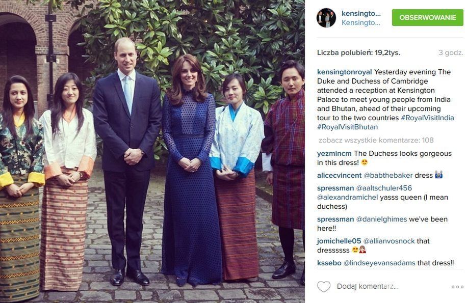 Księżna Kate w niebieskiej sukni marki Saloni (fot. Instagram)