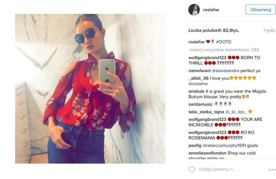 Rosie Huntington-Whiteley w bluzce Magdy Butrym (fot. Instagram)
