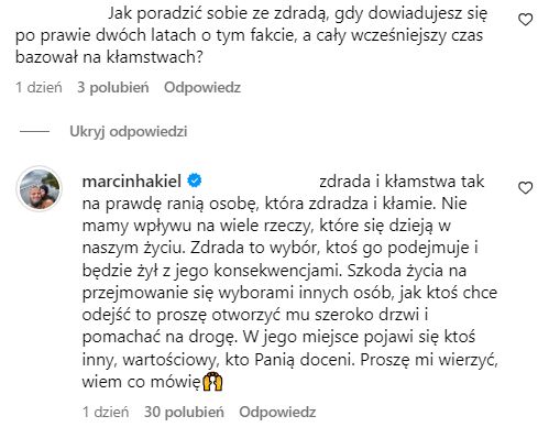 Marcin Hakiel znów rozprawia o zdradzie (fot. Instagram)