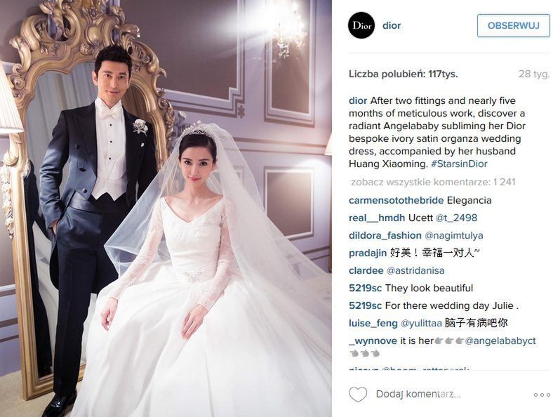 Chińska Kim Kardashian Angelababy (Angela Yeung) poślubiła aktora Huanga Xiaominga w październiku 2015 roku. Panna młoda wystąpiła w sukni ślubnej Dior (fot. Instagram)