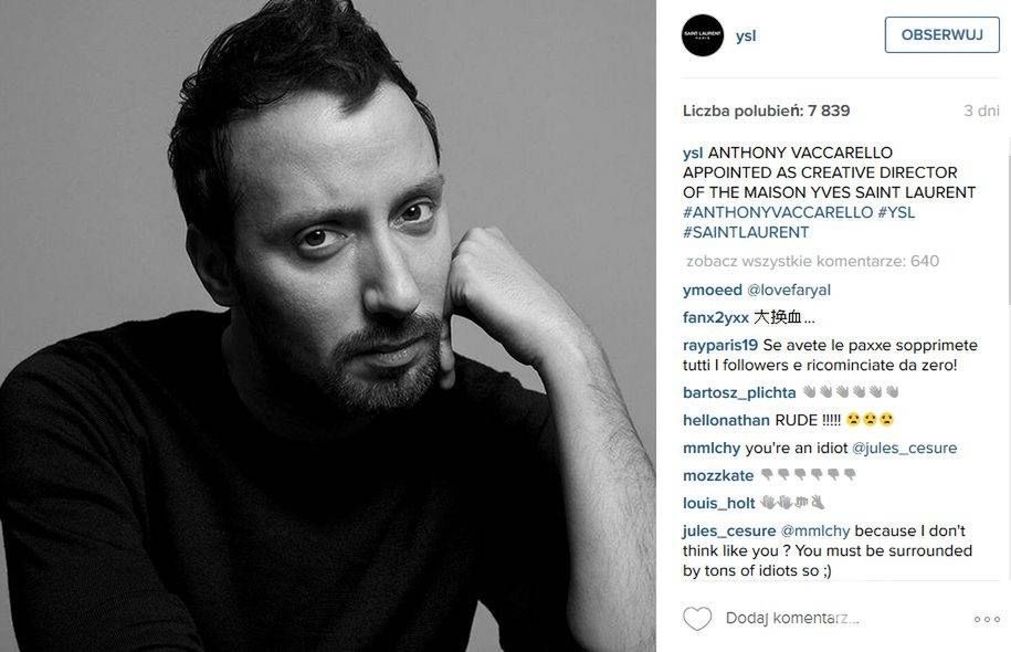 Anthony Vaccarello, dyrektor kreatywny Saint Laurent. To pierwsze i jedyne zdjęcie na oficjalnym profilu marki (fot. Instagram)