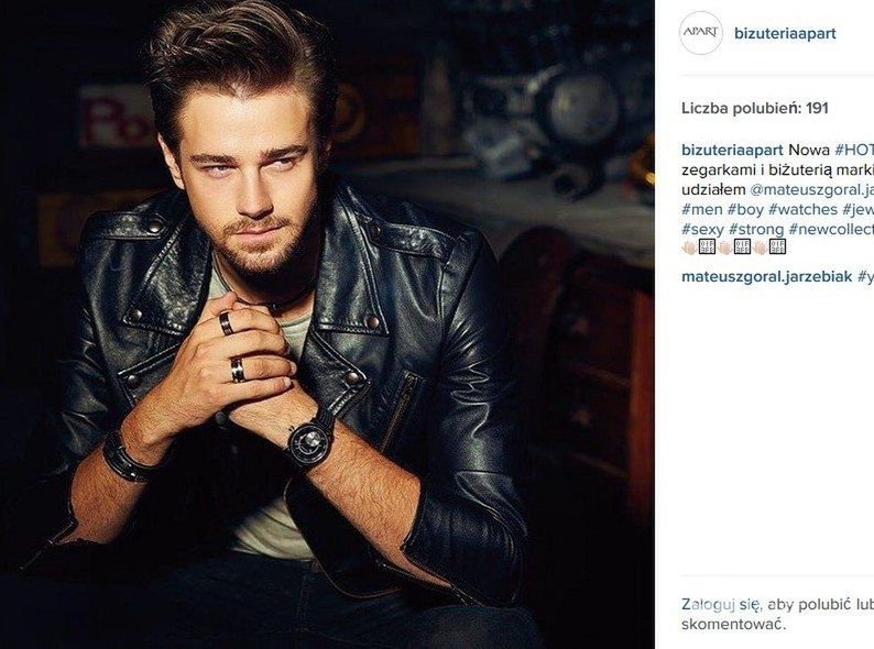 Mateusz Jarzębiak-Góral w reklamie biżuterii i zegarków Aztorin marki Apart (fot. Instagram)