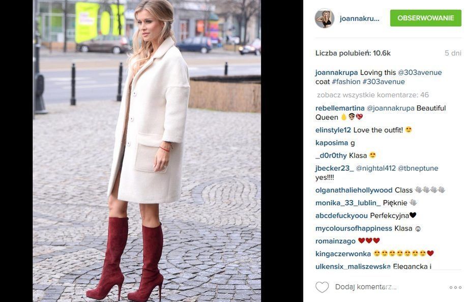 Joanna Krupa w białym płaszczu 303 Avenue (fot. Instagram)