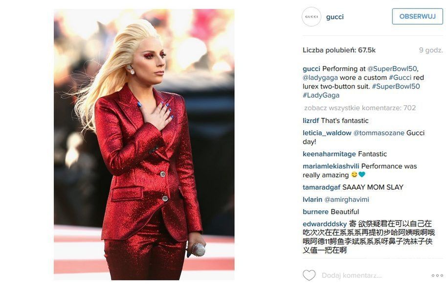 Garnitur Gucci Lady Gagi na Super Bowl 2016 (fot. Instagram)