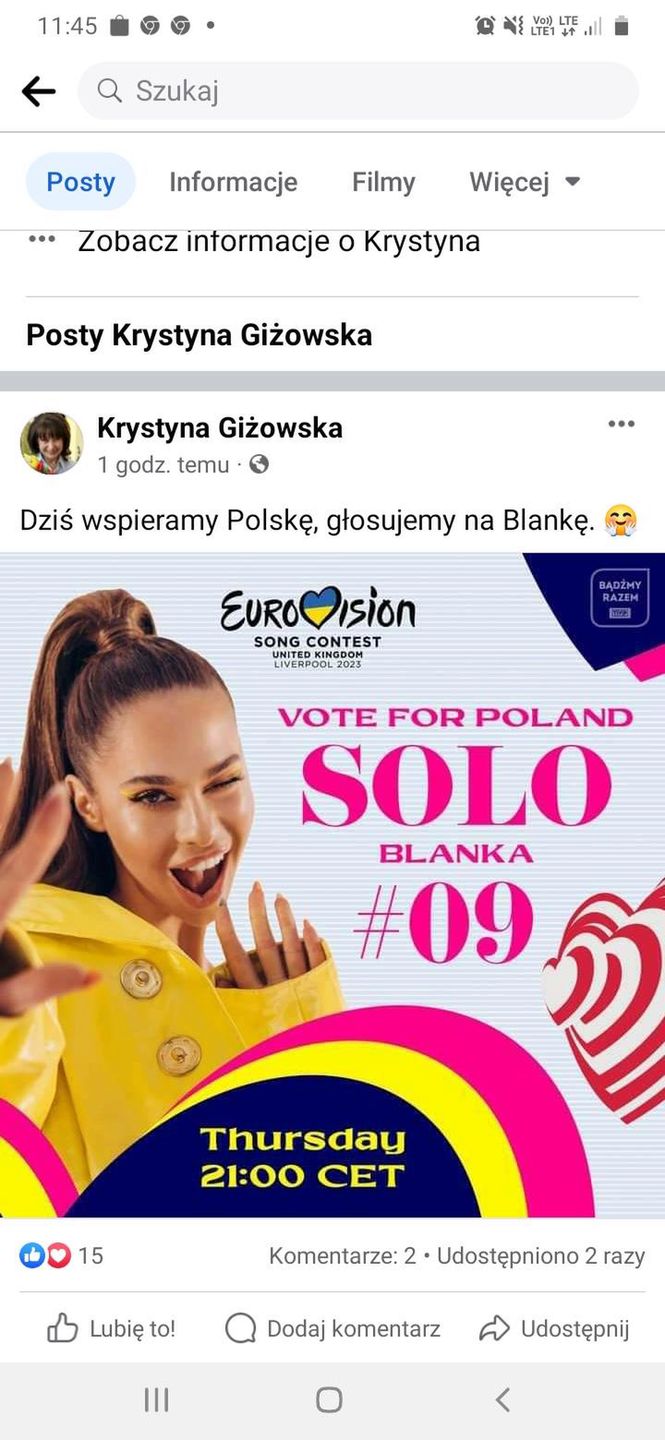 Krystyna Giżowska trzyma kciuki za Blankę