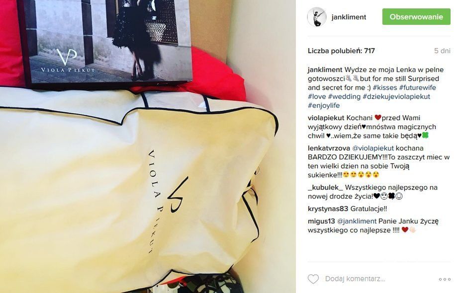 Lenka Tvrzova, ukochana Jana Klimenta, wybrała suknię ślubną projektu Violi Piekut (fot. Instagram)