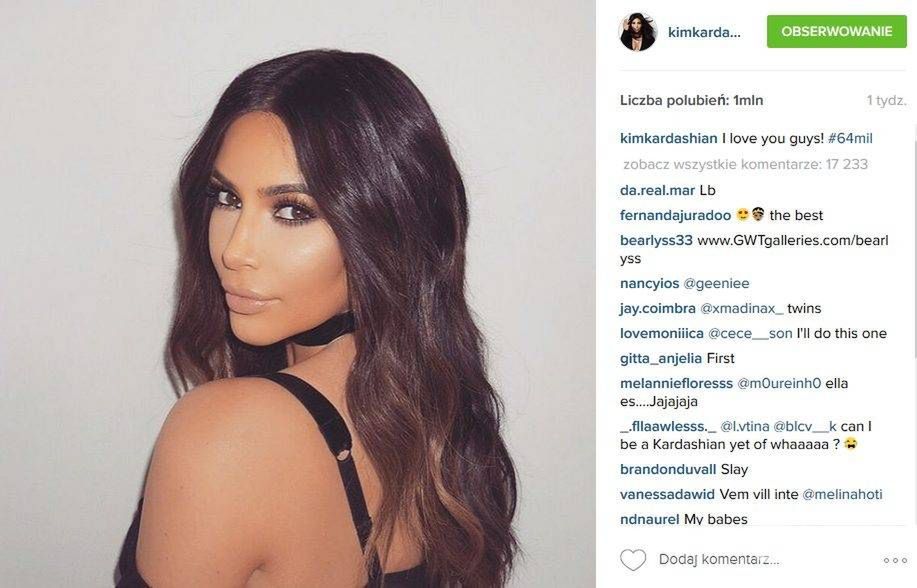 Kim Kardashian na Instagramie ma już 65 mln obserwatorów