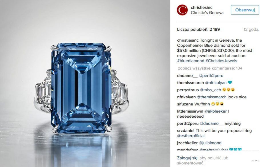 Największy na świecie niebieski diament Oppenheimer Blue sprzedany za prawie 58 mln dolarów na aukcji w domu aukcyjnym Christie's (fot. Instagram)