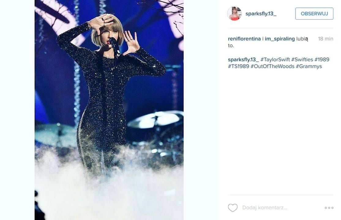 Taylor Swift z piosenką "Out of the Woods" otworzyła Grammy 2016 (fot. Instagram)