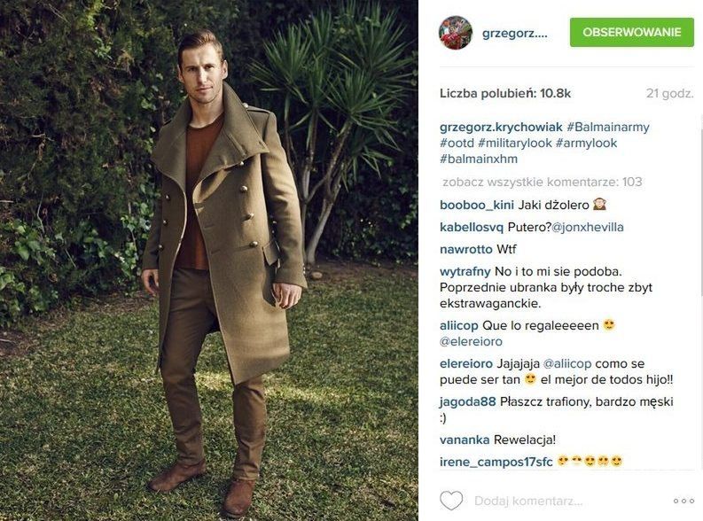 Grzegorz Krychowiak w płaszczu Balmain dla H&M (fot. Instagram)