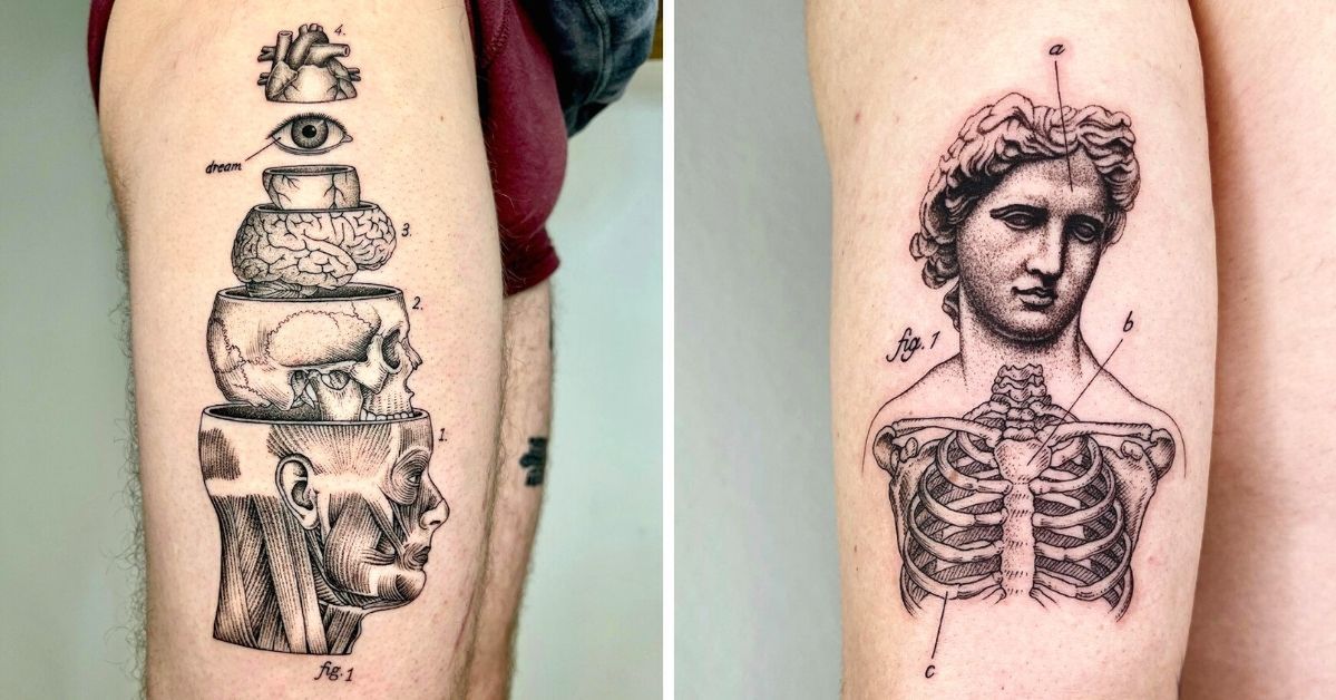 23 monochromatyczne tatuaże, które wyglądają jak szkice z medycznych i naukowych czasopism