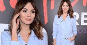 Ciężarna Paulina Krupińska na Sephora Trend Report 2017 w błękitnym trenczu