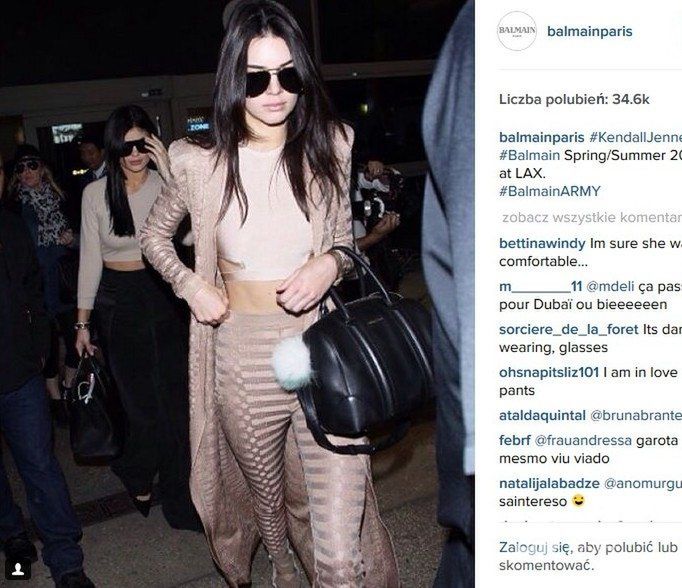 Kendall Jenner w kreacji Balmain z kolekcji na wiosnę-lato 2016 (fot. Instagram)