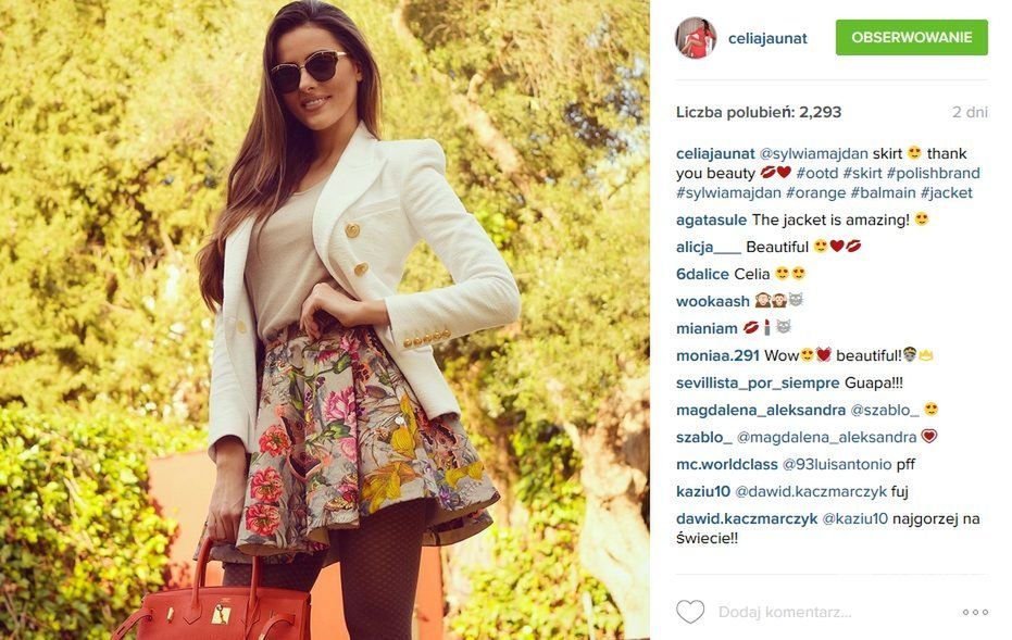 Celia Jaunat w spódnicy w kwiaty od polskiej projektantki Sylwii Majdan (fot. Instagram)
