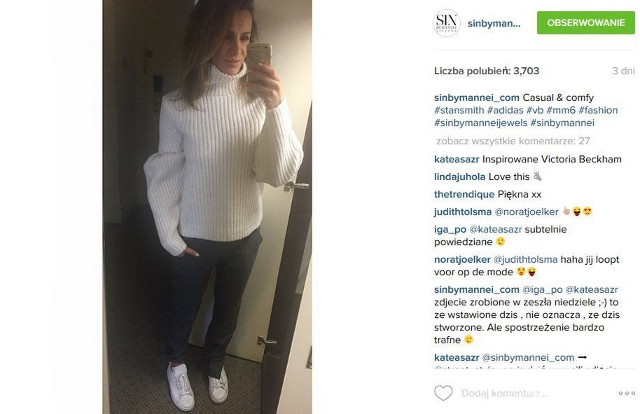 Sara Boruc w białym swetrze z golfem Victorii Beckham (fot. Instagram)