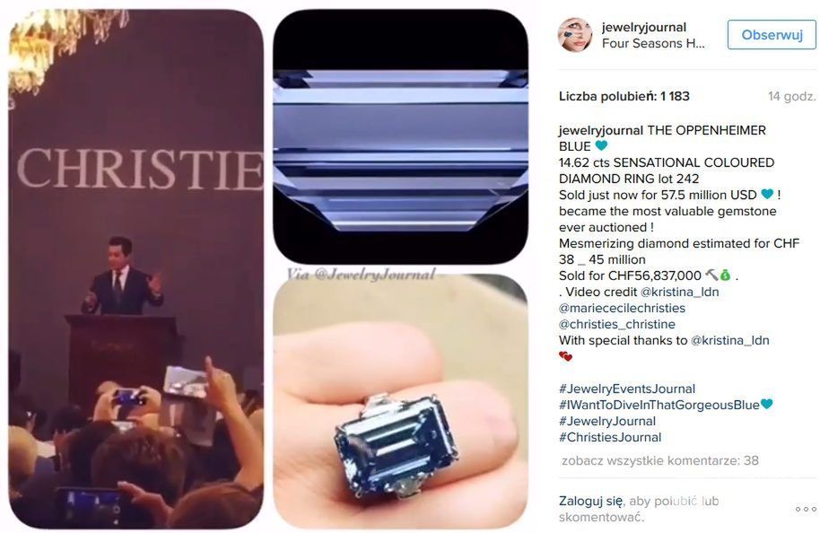 Największy na świecie niebieski diament Oppenheimer Blue sprzedany za prawie 58 mln dolarów w domu aukcyjnym Christie's (fot. Instagram)