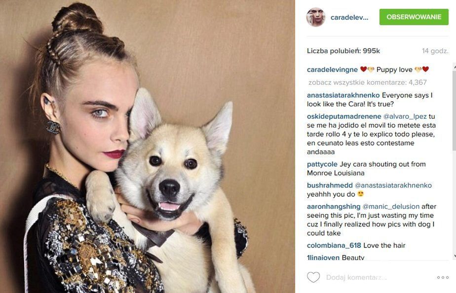 Cara Delevingne z psem, pokaz Chanel Couture wiosna-lato 2016 (fot. Instagram Cara Delvingne)
