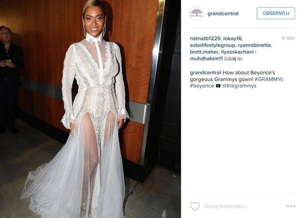 Suknia: Inbal Dror, kolczyki: Lorraine Schwartz. Beyonce, Grammy 2016 (fot. Instagram)