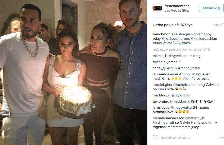 Urodzinowa impreza Jennifer Lopez w Las Vegas. Od lewej: French Montana, Kim Kardashian, Jennifer Lopez, Calvin Harris