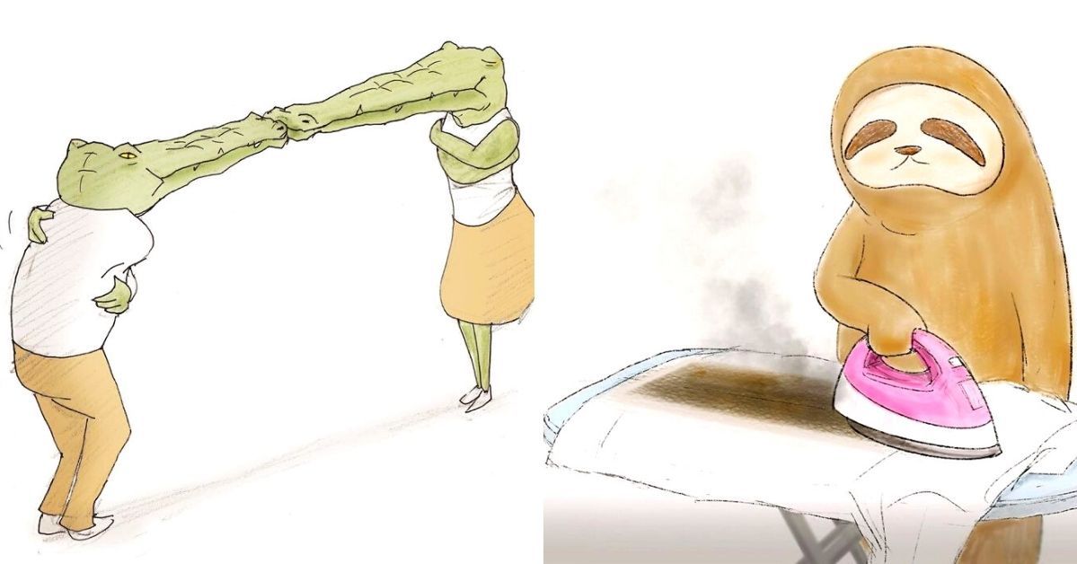 21 pełnych humoru ilustracji leniwców i krokodyli. Ciężko żyłoby się im w świecie stworzonym przez ludzi