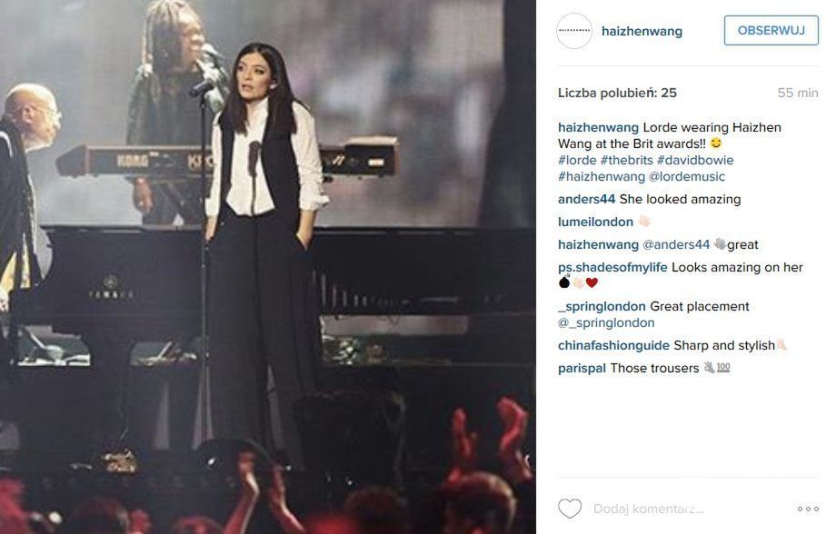 Kreacja: Haizhen Wang. Lorde, BRIT Awards 2016 (fot. Instagram)