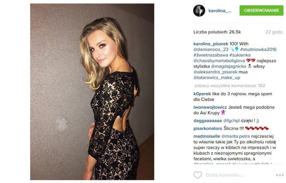 Karolina Pisarek w sukience Marta Boliglova na pierwszej studniówce (fot. Instagram)