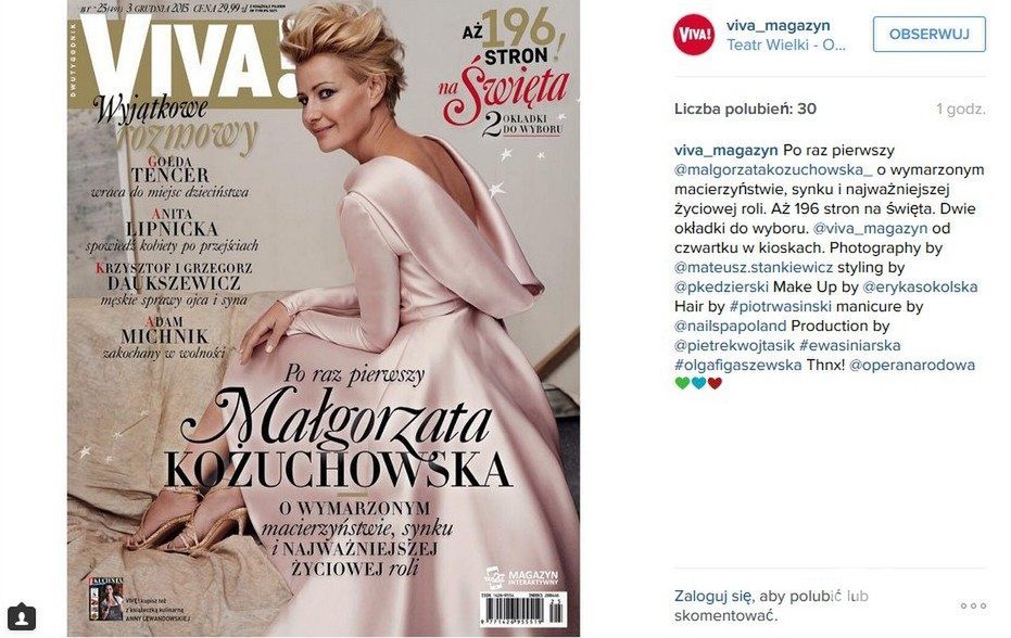 Małgorzata Kożuchowska na okładce świątecznego wydania magazynu "Viva!" (n2 25/491, 3 grudnia 2015) (fot. Mateusz Stankiewicz / Viva!)