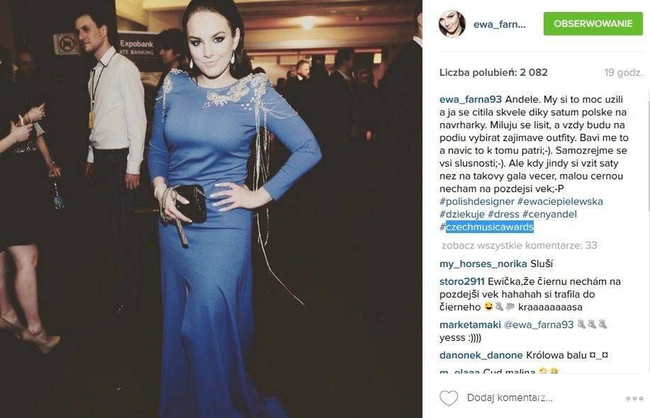 Ewa Farna w sukni Ewy Ciepielewskiej na Anděl Awards 2016 (fot. Instagram)