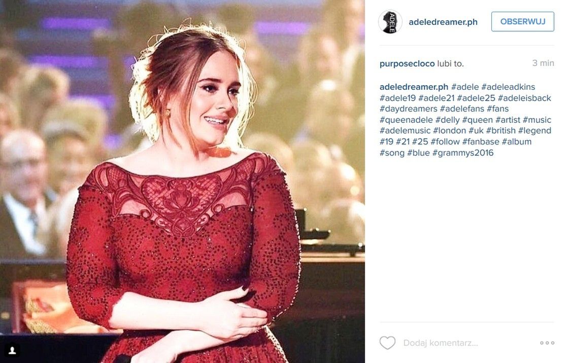 Adele, Grammy 2016 (fot. Instagram)