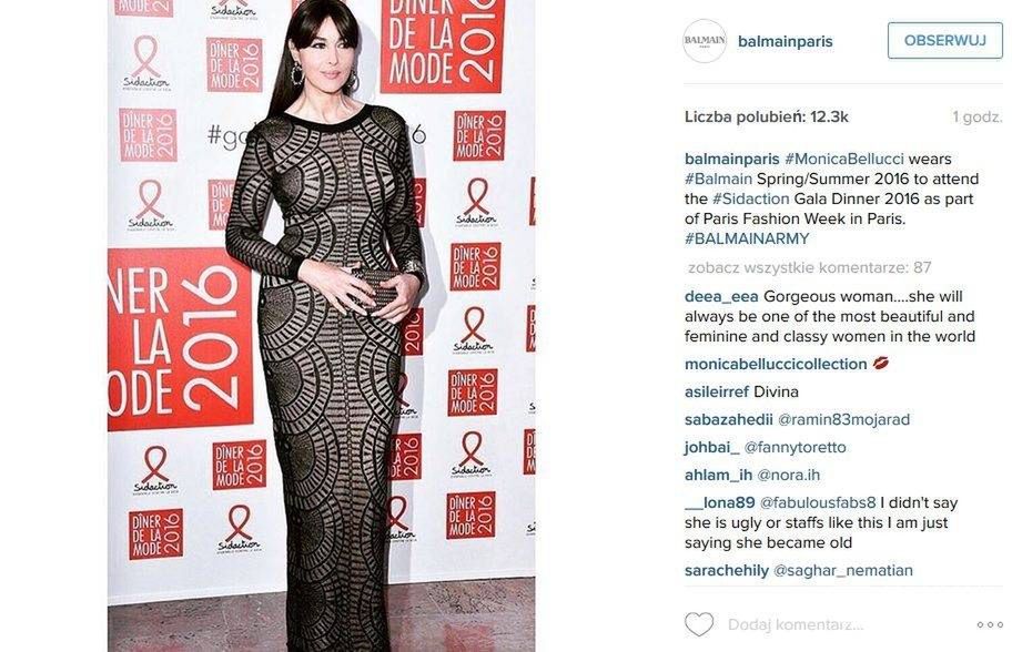 Monica Bellucci w sukni Balmain na Sidaction Gala Dinner 2016 (fot. Instagram)