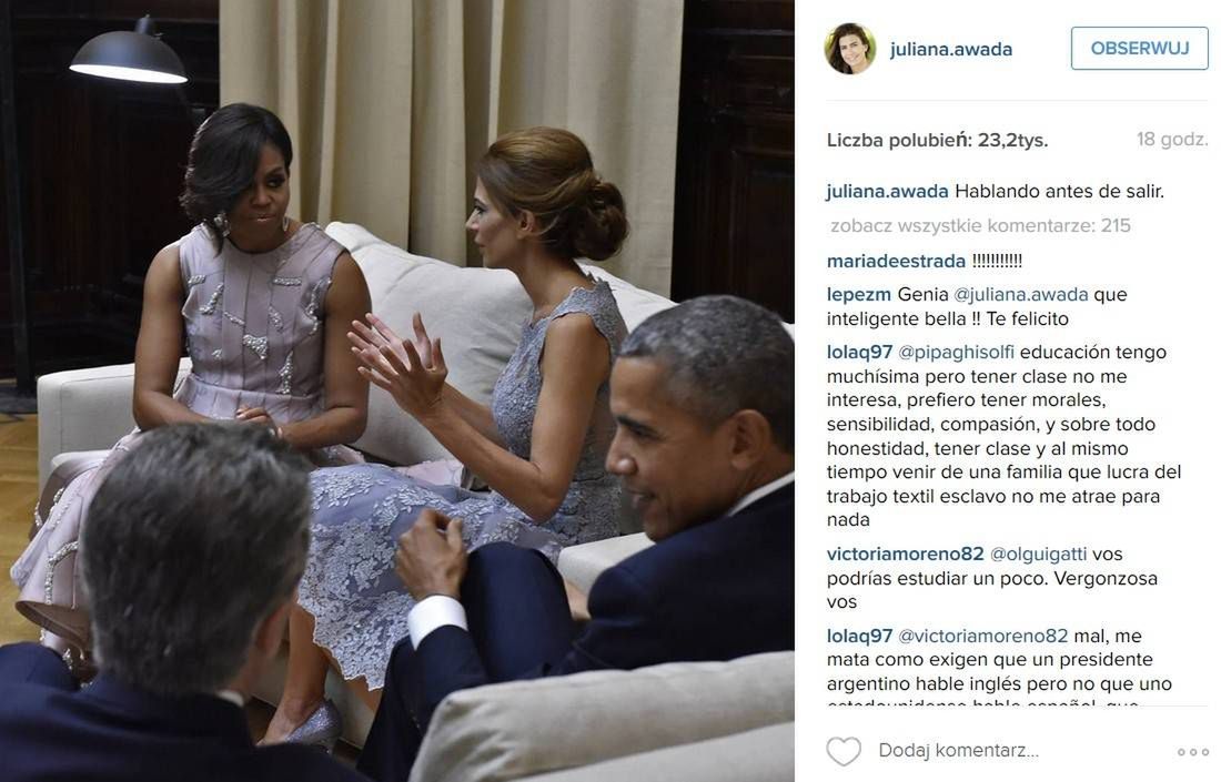 Michelle Obama i Juliana Awada. Na pierwszym planie ich mężowie: Mauricio Macri, prezydent Argentyny i Barack Obama, prezydent USA (fot. Instagram)