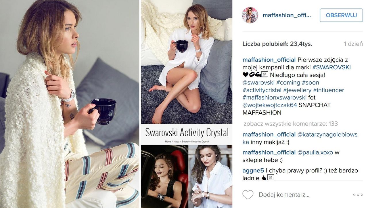 Maffashion twarzą marki Swarovski (fot. Instagram)